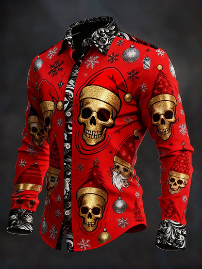 Men's Vintage Skull Christmas Party Long Sleeve Shirt
