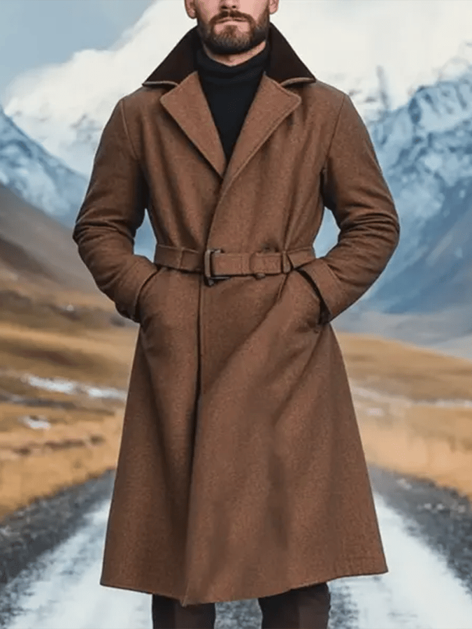 Men's Vintage Wool Contrast Color Warm Lapel Collar Jacket Long Coat