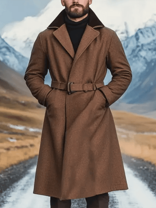 Men's Vintage Wool Contrast Color Warm Lapel Collar Jacket Long Coat
