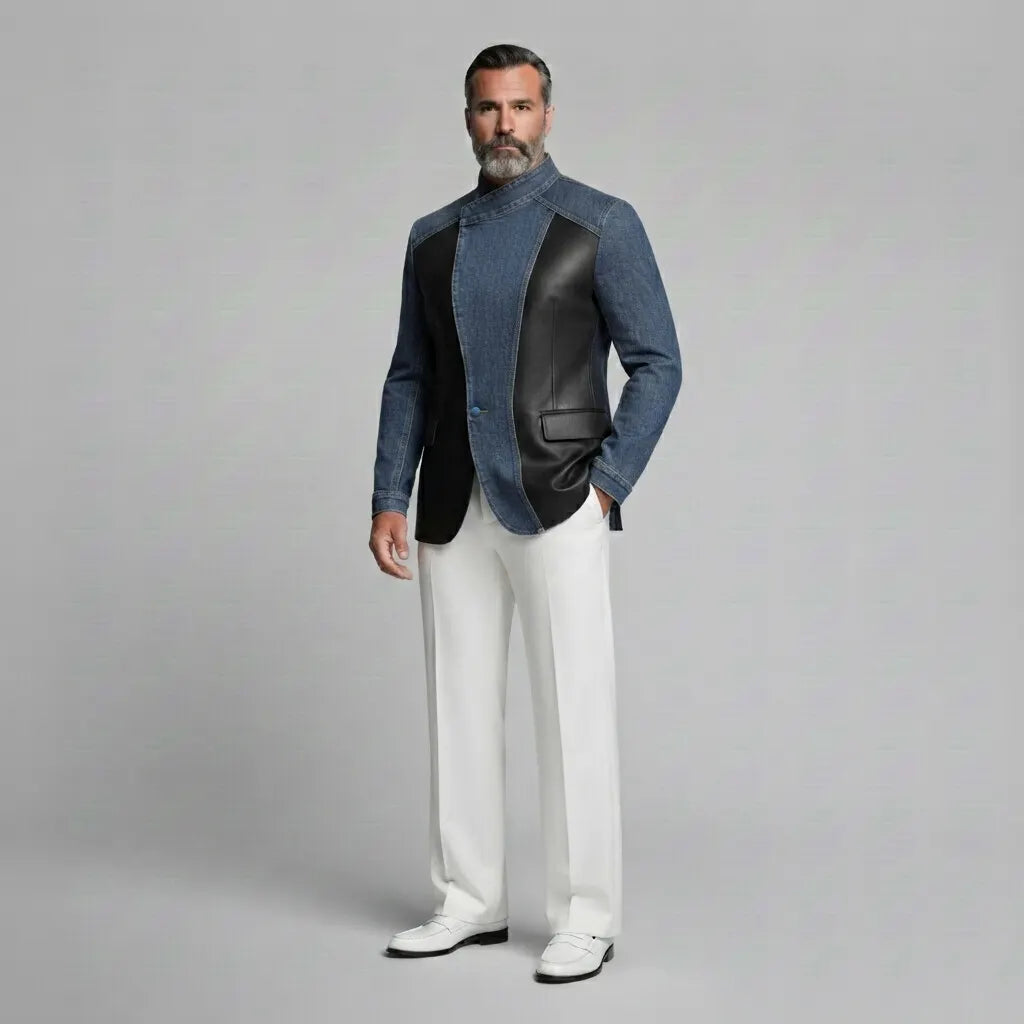Men's Denim PU Leather Patchwork Colorblock Stand Collar Slim Fit Wrap Jacket