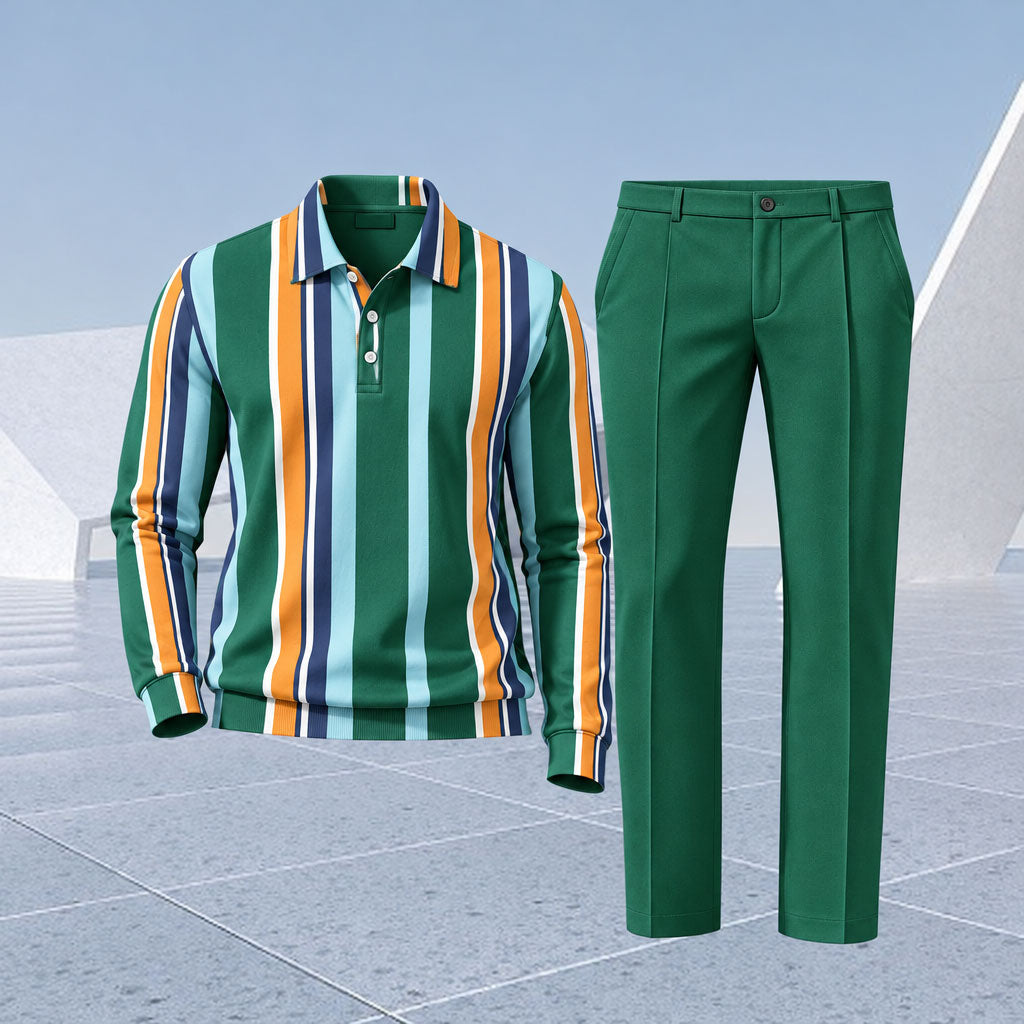 Men's Colorful Striped Printed Polo Shirt and Pants Two-Piece Set