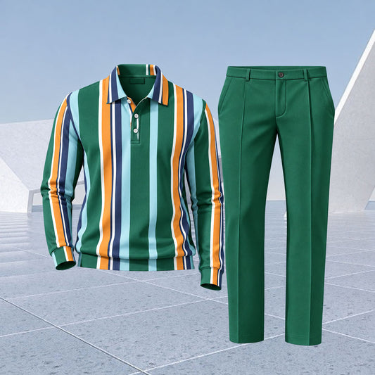 Men's Colorful Striped Printed Polo Shirt and Pants Two-Piece Set