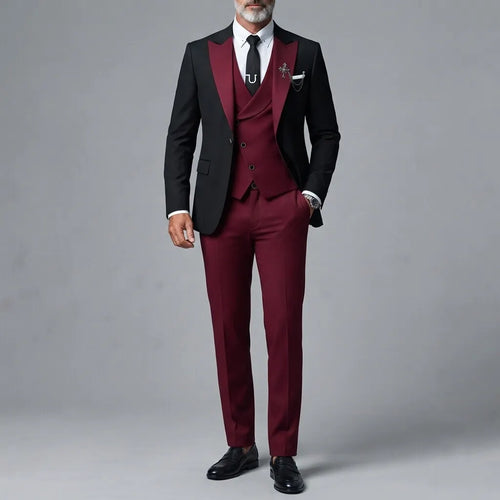 Men's Business Contrast Peak Lapel Blazer & Asymmetric Button Shawl Lapel Vest & Pants 3Pcs Suit