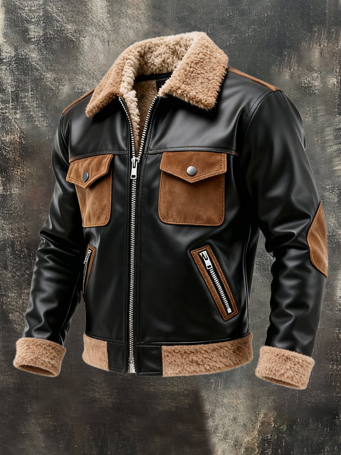 Men'S Warm Plush Collar Stitching Contrast Color Soft Leather Jacket