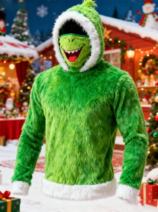 Men's Christmas Plush Hooded Jacket with Face Cover Design