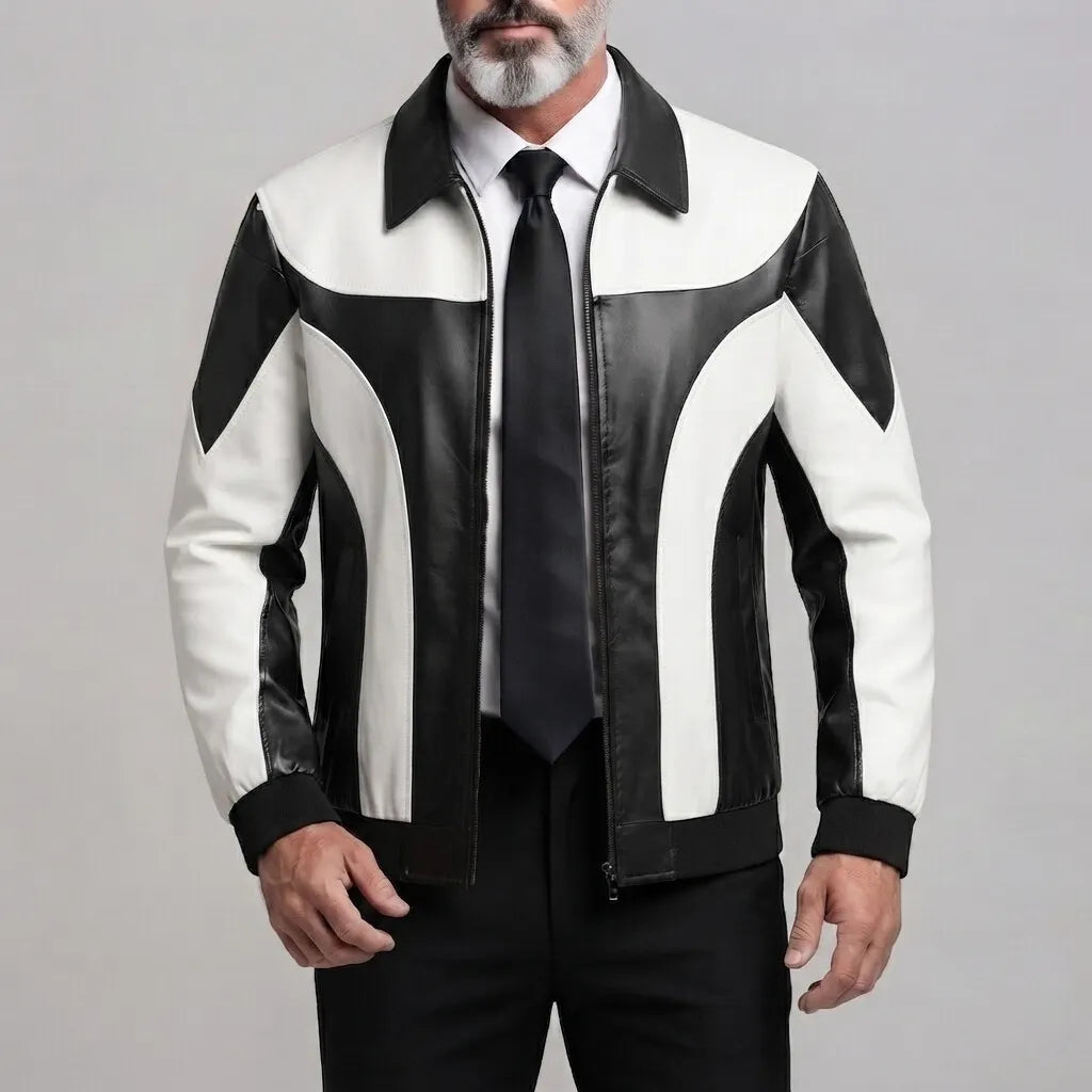 Men's Navy Blue PU Leather Colorblock Turndown Collar Zip-Up Jacket