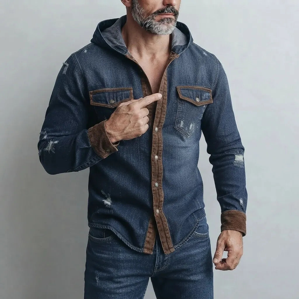 Men's Vintage Denim Contrast Trim Single Breasted Chest Pocket Hooded Shirt