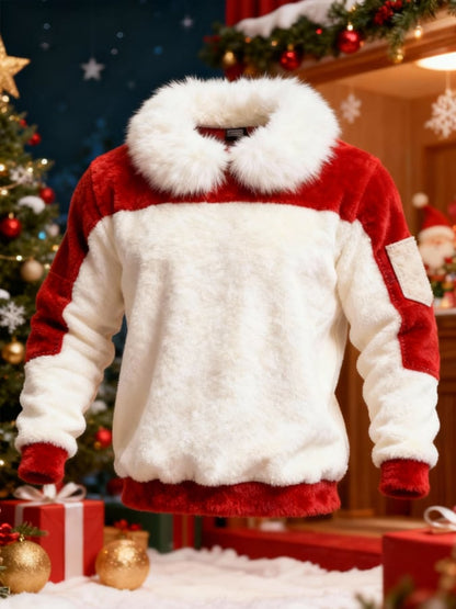 Men'S Plush Warm Color-Blocked Christmas Hooded Sweatshirt