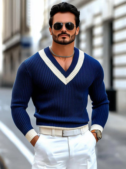 Men's Retro Contrast Color V-Neck Slim Fit Knit Long Sleeve Pullover