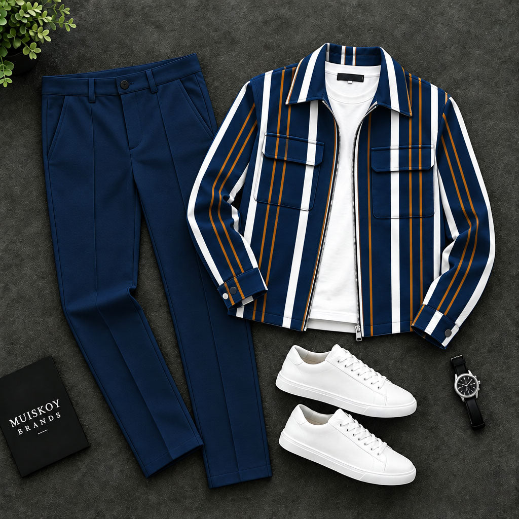 Men's Vertical-Striped Two-Piece Set with Lapel Jacket and Pants