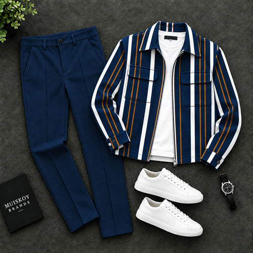 Men's Vertical-Striped Two-Piece Set with Lapel Jacket and Pants