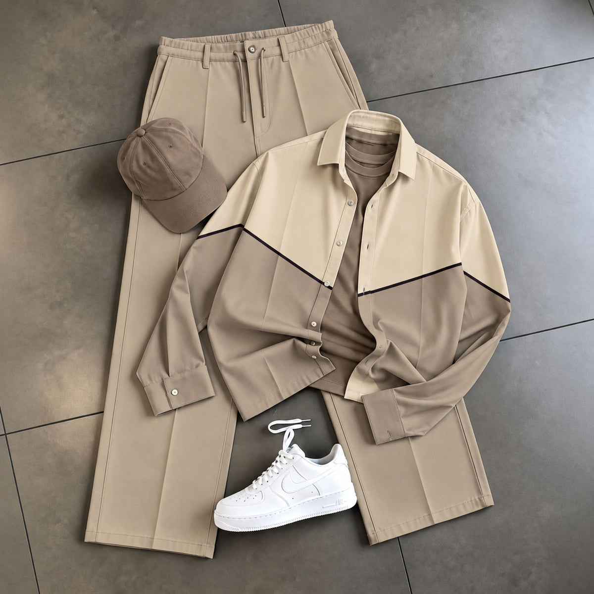 Men's Two-Piece Set: Color-Blocked Printed Shirt and Pants