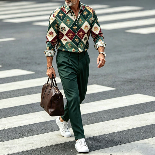 Men's Geometric Print Lapel Long-Sleeve Shirt and Pants Set