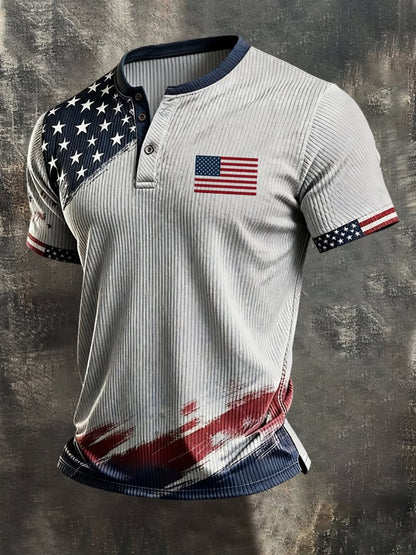 Men's Retro Independence Day Patriotic Ribbed Henley Short-Sleeve T-Shirt