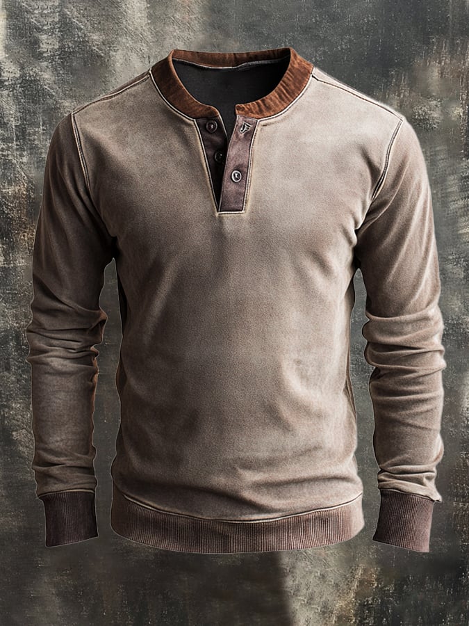 Men's Retro Stitching Contrast Color Henley Collar Casual Long Sleeve Sweatshirt
