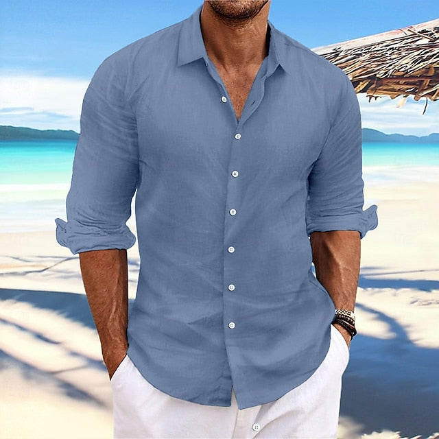 Men's Linen Shirt Summer Shirt Beach Wear Casual Shirt Button Up Shirt Plain Casual Daily Light Yellow White Pink Dark Navy Long-Sleeve Spring & Summer Clothing Apparel