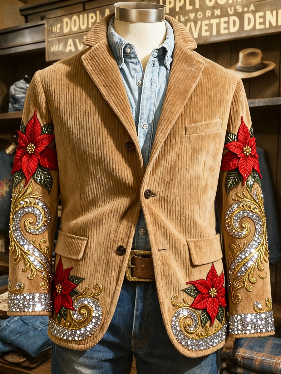 Men's Corduroy Christmas Poinsettia Paisley Lapel Blazer