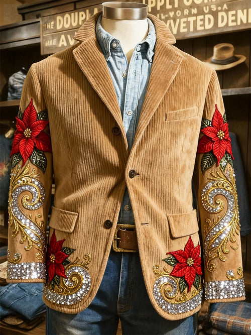 Men's Corduroy Christmas Poinsettia Paisley Lapel Blazer