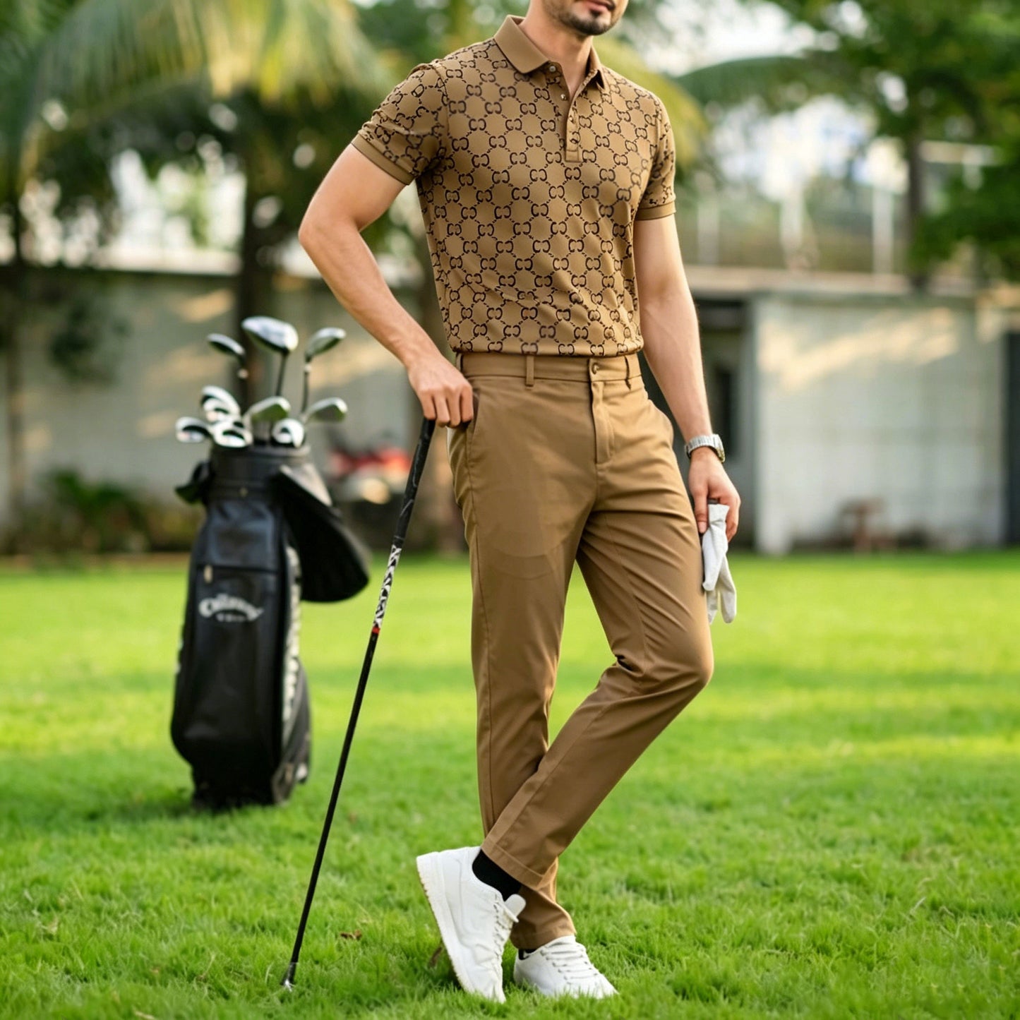 Men's Casual Brown Plaid Printed Polo Shirt And Pants Two-Piece Set