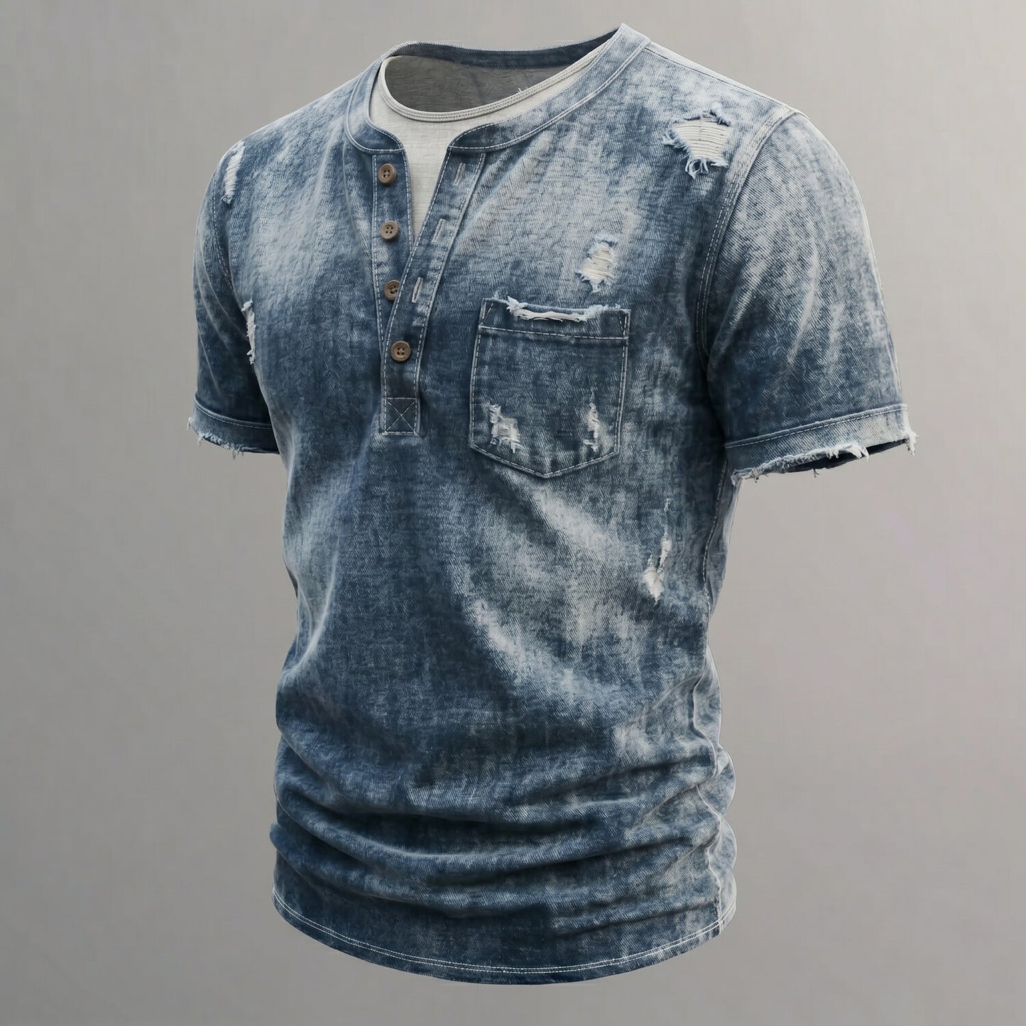 Men's Retro Distressed Washed Denim Ripped Raw-Edge Patch Pocket Henley Shirt