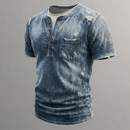 Men's Retro Distressed Washed Denim Ripped Raw-Edge Patch Pocket Henley Shirt
