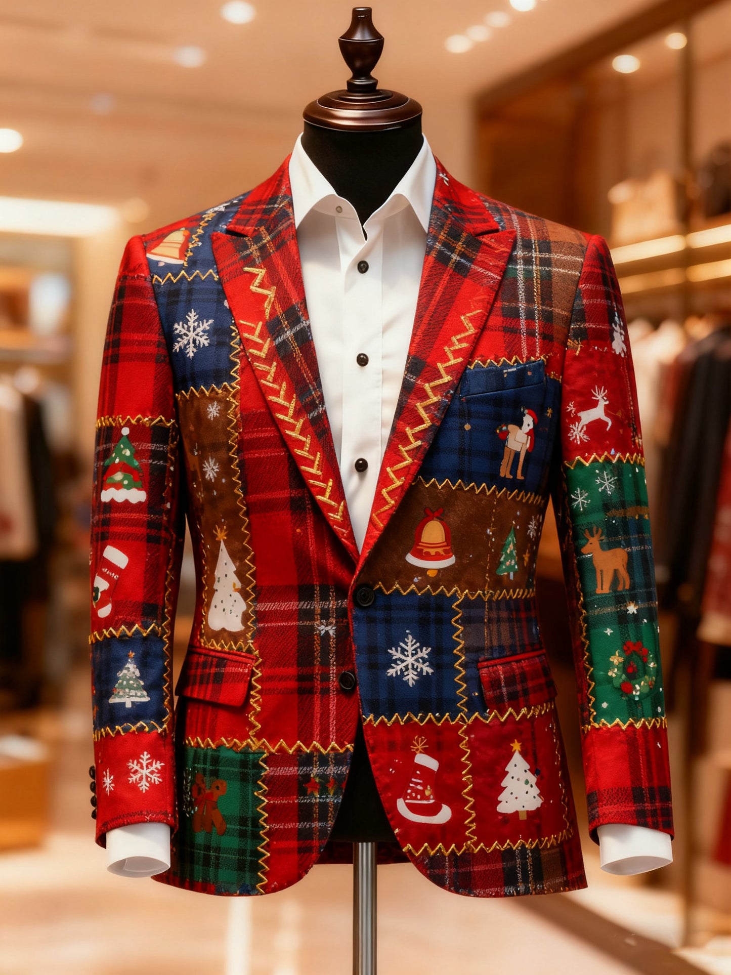 Men's Business Casual Large Pocket Vintage Christmas Print Blazers