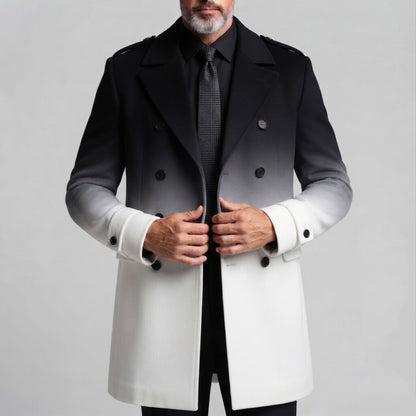 Men's Black And White Gradient Double Breasted Notch Lapel Woolen Trench Coat