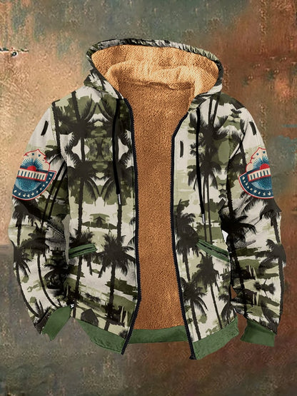 Men's Retro Western Style Coconut Tree Camouflage Fleece Jacket