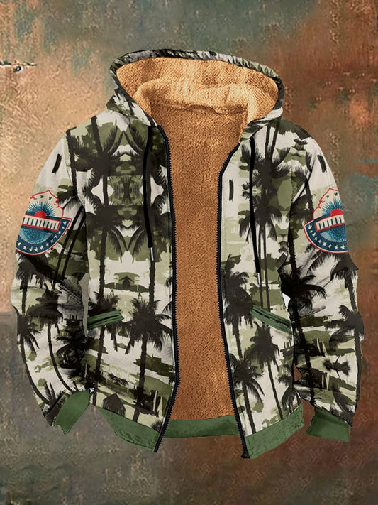 Men's Retro Western Style Coconut Tree Camouflage Fleece Jacket