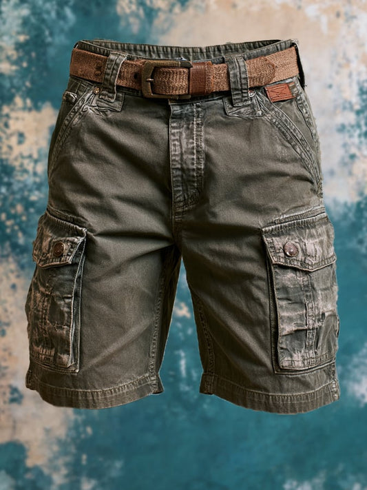 Men's Retro Outdoor Multi-Pocket 100% Cotton Washed Cargo Shorts