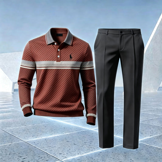 Men's Color-Blocked Diagonal-Striped Polo Shirt and Pants Set