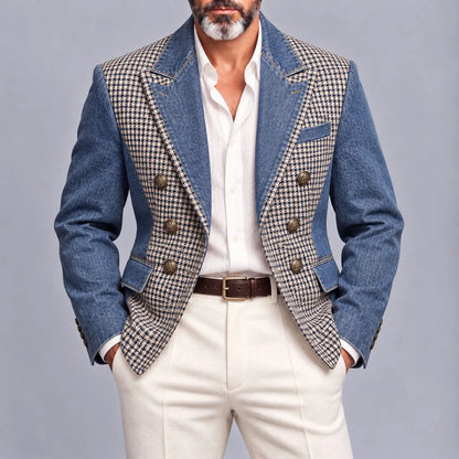 Men's Blue Denim Houndstooth Patchwork Peak Lapel Vintage Double-Breasted Blazer