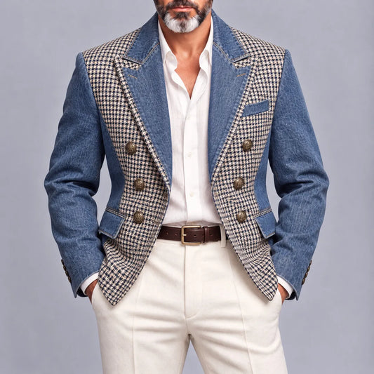 Men's Blue Denim Houndstooth Patchwork Peak Lapel Vintage Double-Breasted Blazer
