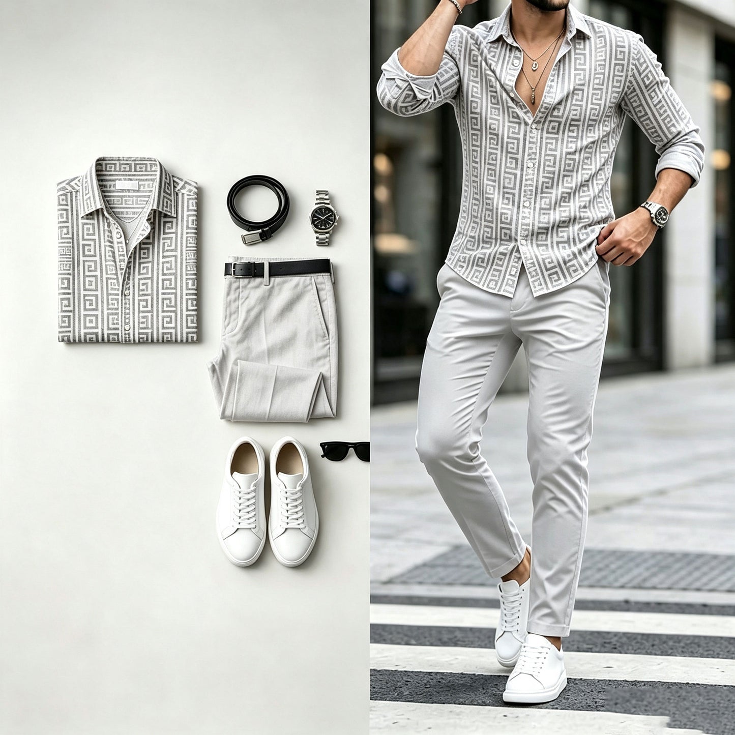 Men's Long-Sleeve Shirt and Pants Set with Swastika Print