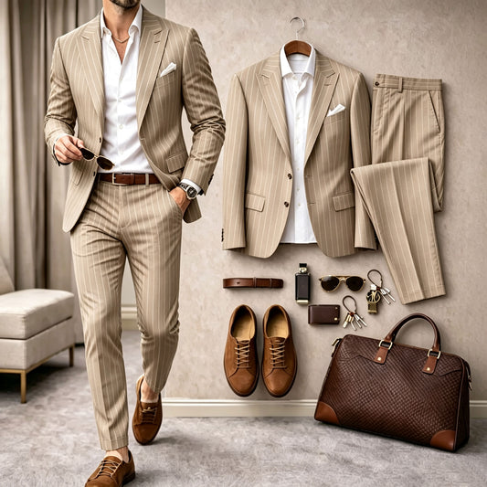 Men's Striped Long-Sleeve Shirt and Pants Suit Set