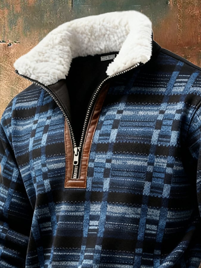Men's Retro Color Block Print Casual Fur Collar Long Sleeve Sweatshirt