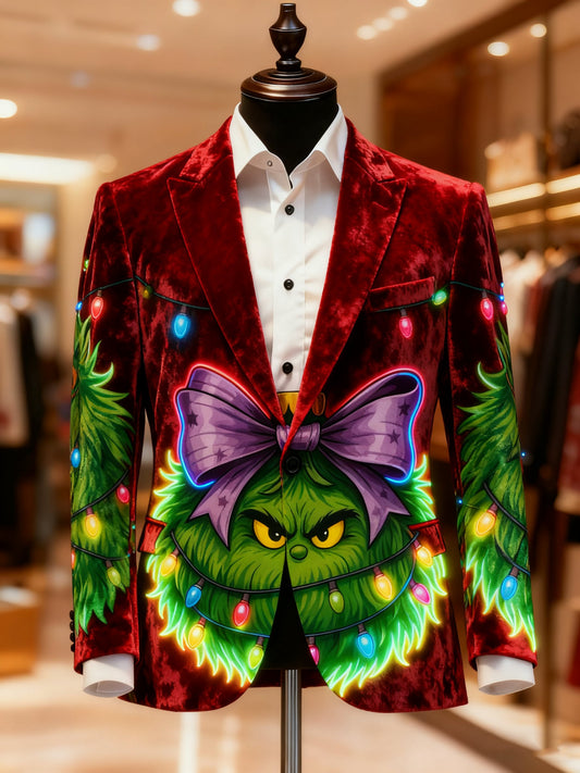 Men's Christmas Green Monster Casual Print Large Pocket Blazers
