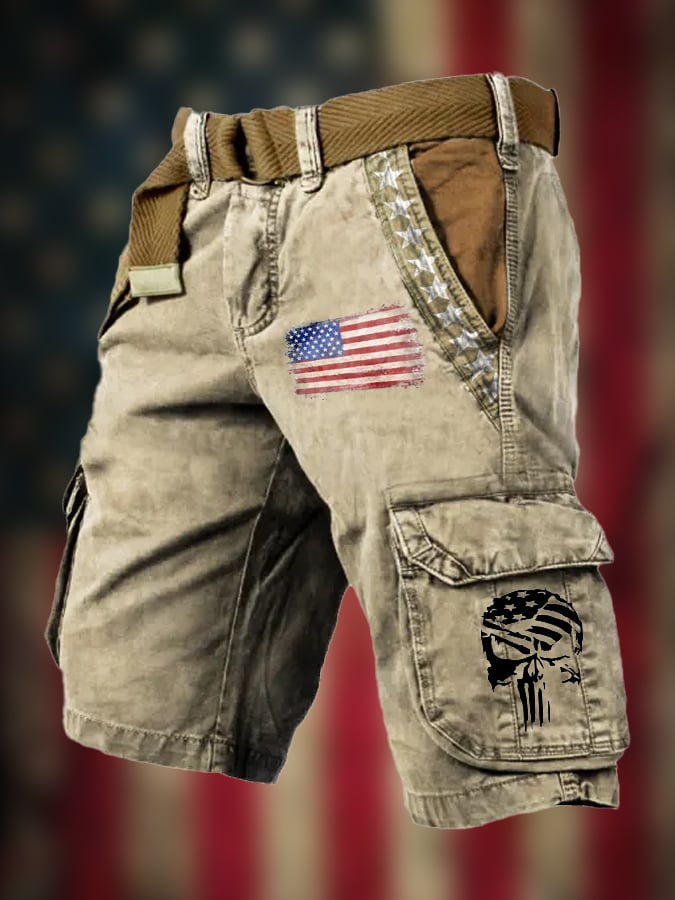 Men's Vintage Flag Independence Day Multi-Pocket Print Cargo Shorts