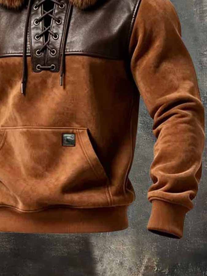 Men'S Retro Suede And Leather Panel Hoodie With Plush Lining