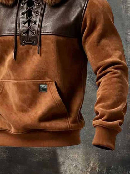 Men'S Retro Suede And Leather Panel Hoodie With Plush Lining