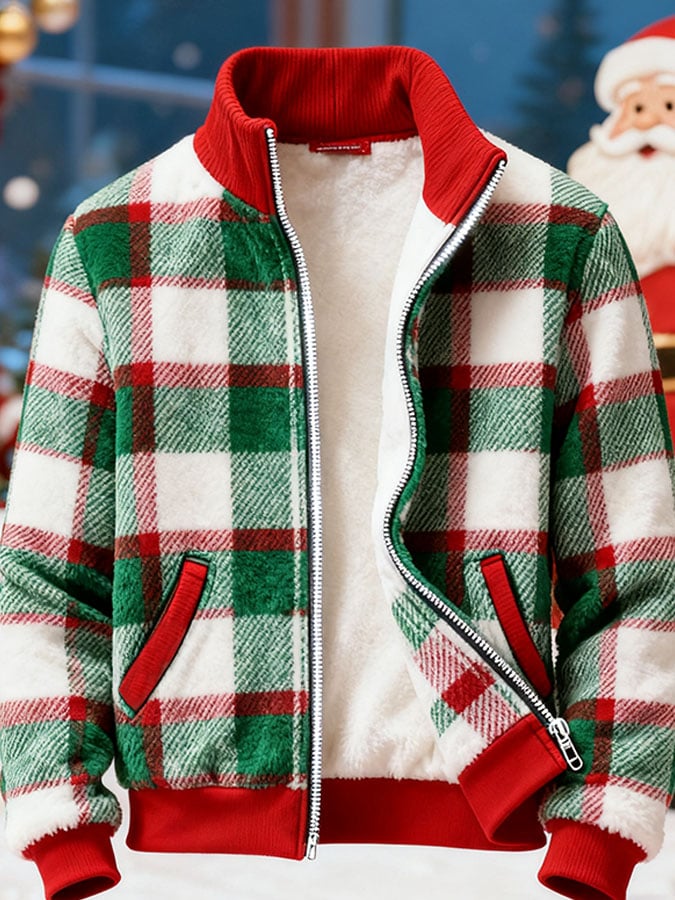 Men's Casual Plaid Print Stand Collar Jacket