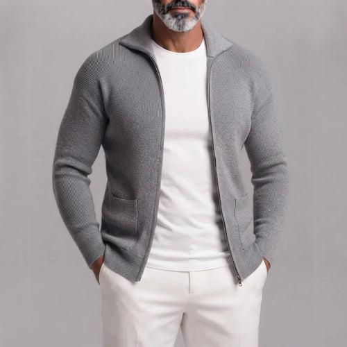 Men's Gray Ribbed Knit Patch Pockets Slim Fit Full Zip Cardigan