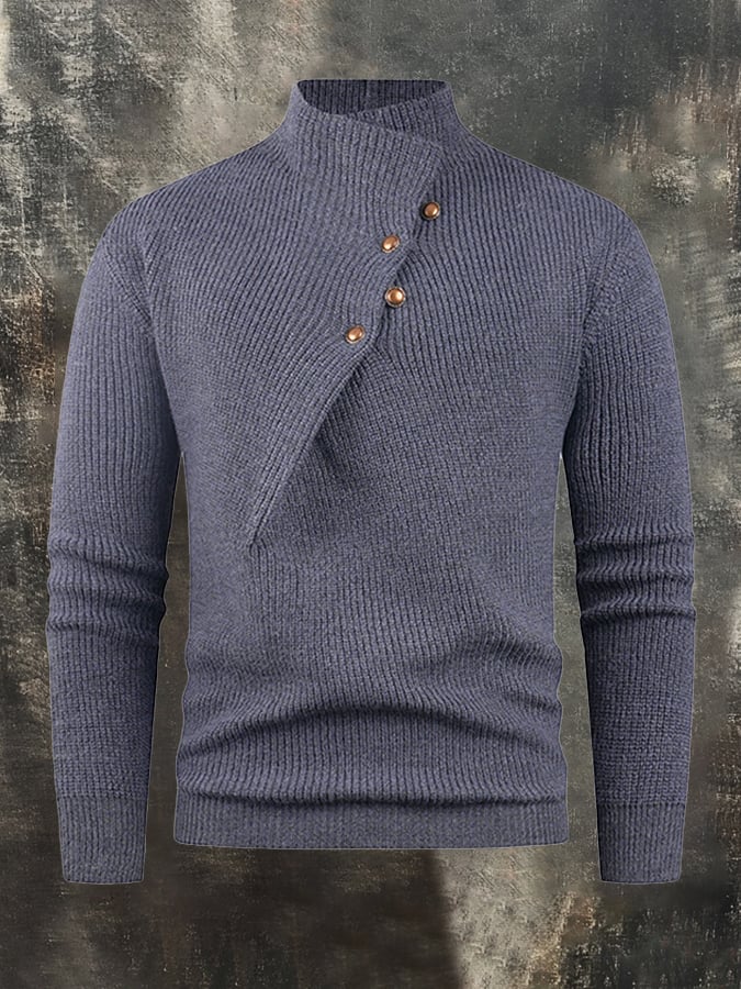 Men's Casual Warm Knitted Stand Collar Diagonal Button Sweater Base Layer