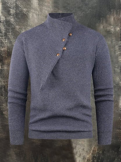 Men's Casual Warm Knitted Stand Collar Diagonal Button Sweater Base Layer