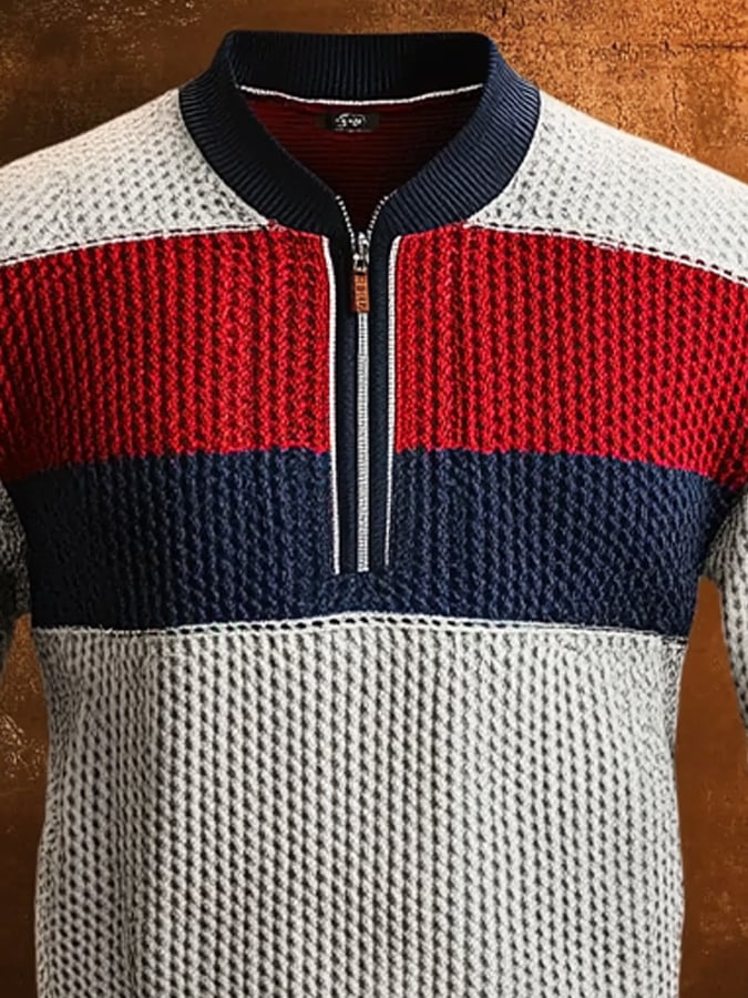 Men'S Casual Retro Contrast Color Half Zip Stand Collar Long Sleeve Sweatshirt