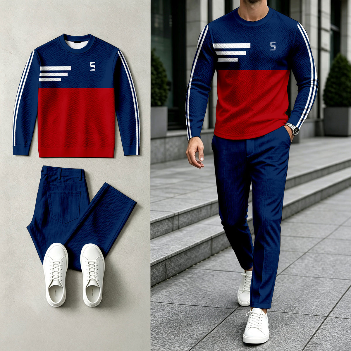Men's Color-Blocked Round-Neck Sweatshirt and Pants Set
