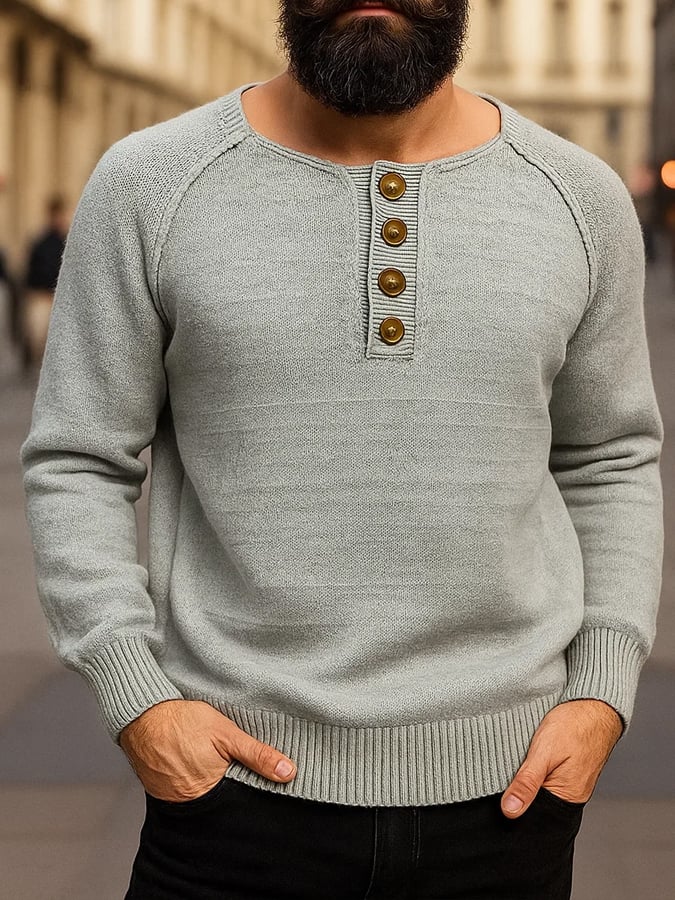 Men's Solid Color Henley Wool Pullover Sweater