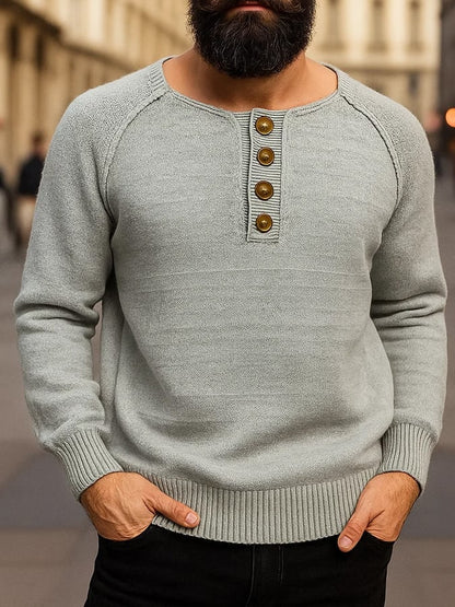 Men's Solid Color Henley Wool Pullover Sweater
