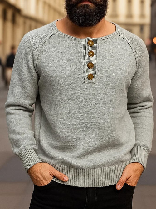 Men's Solid Color Henley Wool Pullover Sweater