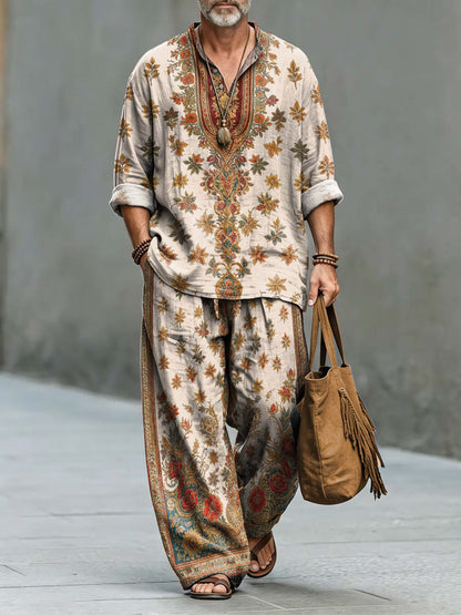 Men's Vintage Symmetrical Ethnic Paisley Print Cotton Shirt Set